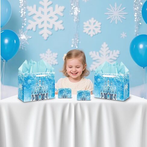Large Snowflake Castle Birthday Gift Bag with Greeting Card and Tissue Paper Winter Birthday Party Favor Bags for Kids Girls Boys Birthday Christmas Winter Party Decorations(13 x 10.2 x 4.9 Inch) in Saudi Arabia