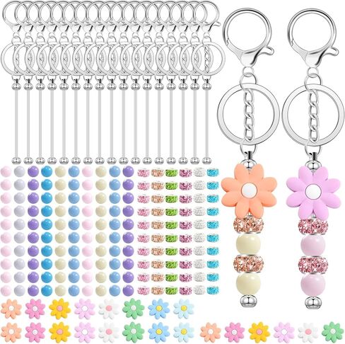 204 Pcs Beadable Keychain Making Kit, Including 24 Pcs Beadable Keychains Bars Blanks, Sunflower Silicone Beads, 60 Spacer Beads, 100 Acrylic Bead for DIY Crafts Jewelry Making Gift (Pink) in Kuwait