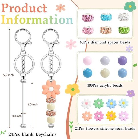 204 Pcs Beadable Keychain Making Kit, Including 24 Pcs Beadable Keychains Bars Blanks, Sunflower Silicone Beads, 60 Spacer Beads, 100 Acrylic Bead for DIY Crafts Jewelry Making Gift (Pink) in Kuwait
