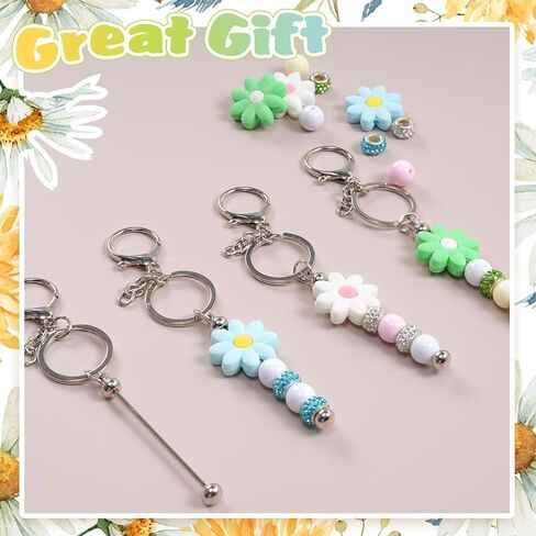 204 Pcs Beadable Keychain Making Kit, Including 24 Pcs Beadable Keychains Bars Blanks, Sunflower Silicone Beads, 60 Spacer Beads, 100 Acrylic Bead for DIY Crafts Jewelry Making Gift (Pink) in Kuwait