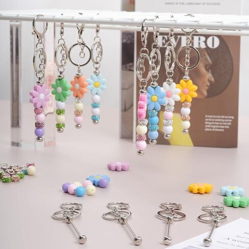 204 Pcs Beadable Keychain Making Kit, Including 24 Pcs Beadable Keychains Bars Blanks, Sunflower Silicone Beads, 60 Spacer Beads, 100 Acrylic Bead for DIY Crafts Jewelry Making Gift (Pink) in Kuwait