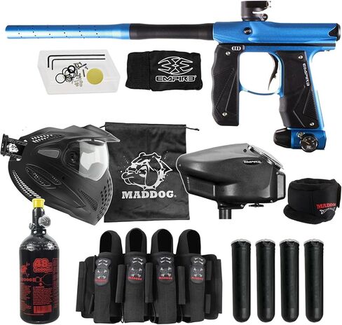 علامة Maddog Empire Mini GS الكاملة لمسدس كرات الطلاء التلقائي مع خزان HPA 48/3000، محمل Empire Halo Too، قناع Empire Helix الحراري، واقي الرقبة، 4+3 حزام و(4) حزمة بداية القرون in Kuwait