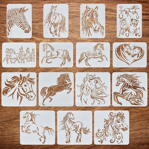 FINGERINSPIRE 15 Pcs Horse Painting Stencil Set 8.3x11.7" 11.8x11.8" Prince Charming Stallion Black Horse Horseshoe Running Horse Zebra Horse Herd Horse Couple Fine Horse Spraying Big Template in Saudi Arabia