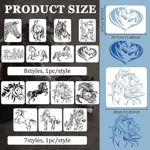 FINGERINSPIRE 15 Pcs Horse Painting Stencil Set 8.3x11.7" 11.8x11.8" Prince Charming Stallion Black Horse Horseshoe Running Horse Zebra Horse Herd Horse Couple Fine Horse Spraying Big Template in Saudi Arabia