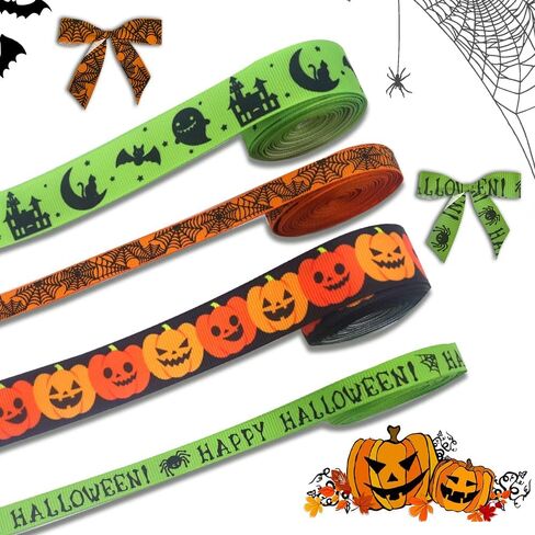 4 لفات 20 ياردة أشرطة Grosgrain - Halloween Pumpkin Printed ، Spider Web Satin ، Orange Black Strip in Kuwait