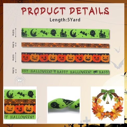 4 لفات 20 ياردة أشرطة Grosgrain - Halloween Pumpkin Printed ، Spider Web Satin ، Orange Black Strip in Kuwait