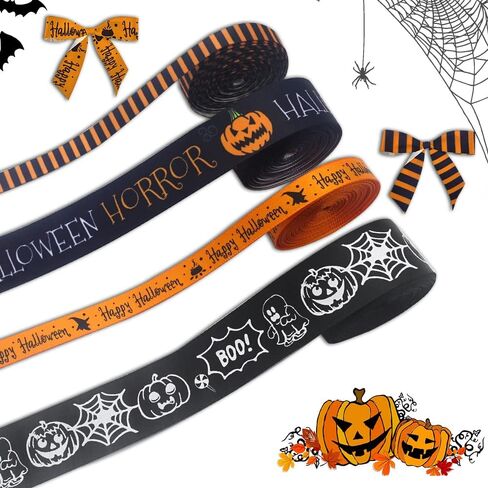 4 لفات 20 ياردة أشرطة Grosgrain - Halloween Pumpkin Printed ، Spider Web Satin ، Orange Black Strip in Kuwait