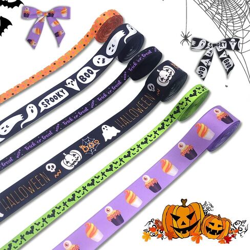 4 لفات 20 ياردة أشرطة Grosgrain - Halloween Pumpkin Printed ، Spider Web Satin ، Orange Black Strip in Kuwait