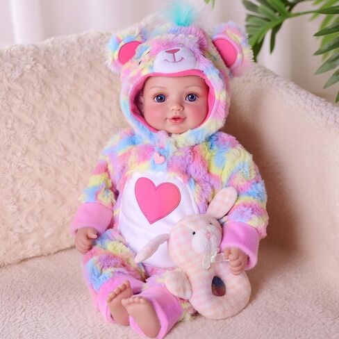 BABESIDE 15-Inch Baby Doll with Moveable Joints – Soft Vinyl Realistic Real Life Doll in Rainbow Teddy Bear Outfit with Heart Belly – Gift for Girls Aged 3+ in Saudi Arabia