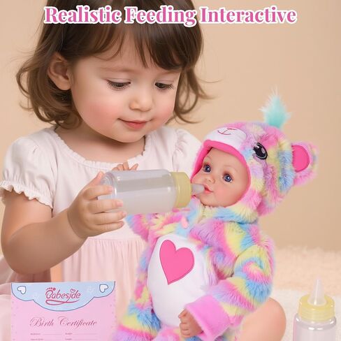 BABESIDE 15-Inch Baby Doll with Moveable Joints – Soft Vinyl Realistic Real Life Doll in Rainbow Teddy Bear Outfit with Heart Belly – Gift for Girls Aged 3+ in Saudi Arabia