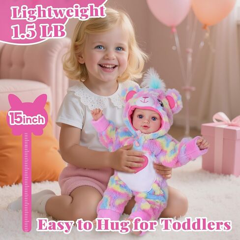 BABESIDE 15-Inch Baby Doll with Moveable Joints – Soft Vinyl Realistic Real Life Doll in Rainbow Teddy Bear Outfit with Heart Belly – Gift for Girls Aged 3+ in Saudi Arabia