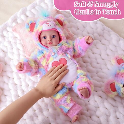 BABESIDE 15-Inch Baby Doll with Moveable Joints – Soft Vinyl Realistic Real Life Doll in Rainbow Teddy Bear Outfit with Heart Belly – Gift for Girls Aged 3+ in Saudi Arabia