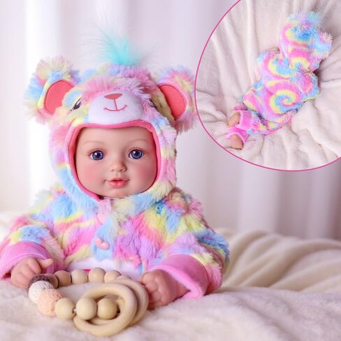 BABESIDE 15-Inch Baby Doll with Moveable Joints – Soft Vinyl Realistic Real Life Doll in Rainbow Teddy Bear Outfit with Heart Belly – Gift for Girls Aged 3+ in Saudi Arabia