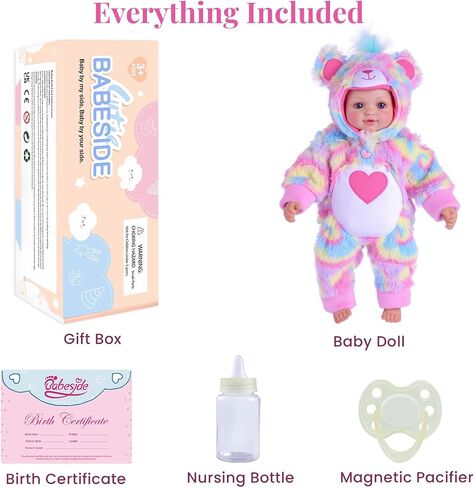 BABESIDE 15-Inch Baby Doll with Moveable Joints – Soft Vinyl Realistic Real Life Doll in Rainbow Teddy Bear Outfit with Heart Belly – Gift for Girls Aged 3+ in Saudi Arabia