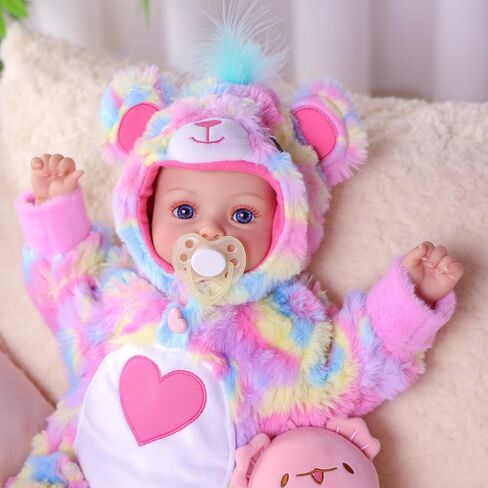 BABESIDE 15-Inch Baby Doll with Moveable Joints – Soft Vinyl Realistic Real Life Doll in Rainbow Teddy Bear Outfit with Heart Belly – Gift for Girls Aged 3+ in Saudi Arabia