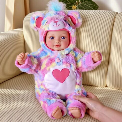 BABESIDE 15-Inch Baby Doll with Moveable Joints – Soft Vinyl Realistic Real Life Doll in Rainbow Teddy Bear Outfit with Heart Belly – Gift for Girls Aged 3+ in Saudi Arabia