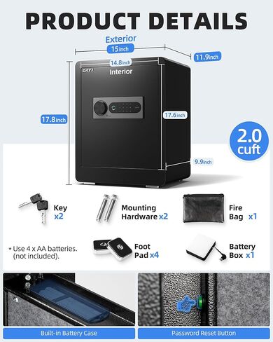 دايي بيومتريك بصمات الأصابع الآمنة ، 2.0 قدم مكعب من الخزائن المنزلية مع حقيبة مقاومة للحريق ، أمن لوحة اللمس الرقمي آمنة مقابل المال المستندات النقدية ، نظام الإنذار المزدوج - DF -45 in Kuwait