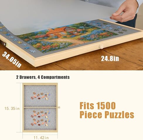 1500 قطعة 2 في 1 لوحة أمح الإمالة والدوار مع تعديل 4 زاوية ووضع الدوران المزدوج ، 34.05 "x24.8" طاولة الألغاز الخشبية السوزان الخشبية السوزان مع الأدراج وغطاء للبالغين هدايا in Kuwait
