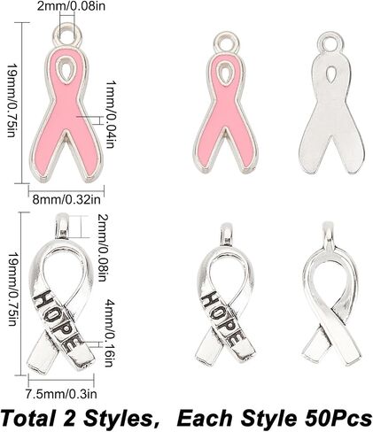 SUNNYCLUE 1 Box 100Pcs 2 Style Ribbon Charms Breast Cancer Awareness Charms Bulk Pink Silver Ribbon Breast Cancer Hope Pendants for Jewelry Making DIY Earrings Bracelet Necklace in Saudi Arabia