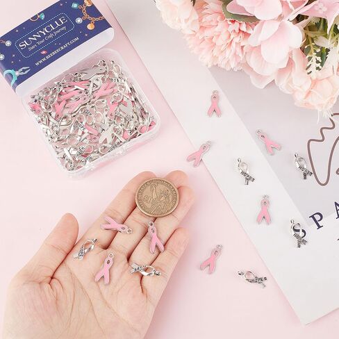 SUNNYCLUE 1 Box 100Pcs 2 Style Ribbon Charms Breast Cancer Awareness Charms Bulk Pink Silver Ribbon Breast Cancer Hope Pendants for Jewelry Making DIY Earrings Bracelet Necklace in Saudi Arabia