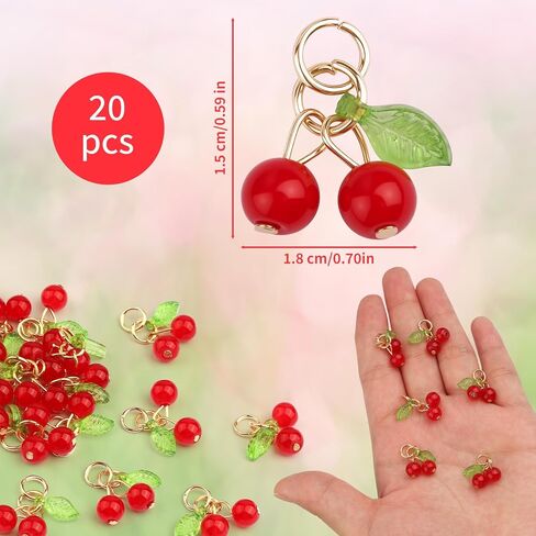 20 PCS سحر الكرز الأحمر لصنع المجوهرات - 3D محاكاة الزجاج الأحمر الكرز الأحمر الفاكهة الأكريليك مع حلقات القفز ، وملحقات DIY للأساور ، القلادات ، الأقراط (حبات الكرز الصغيرة اللطيفة) in Saudi Arabia