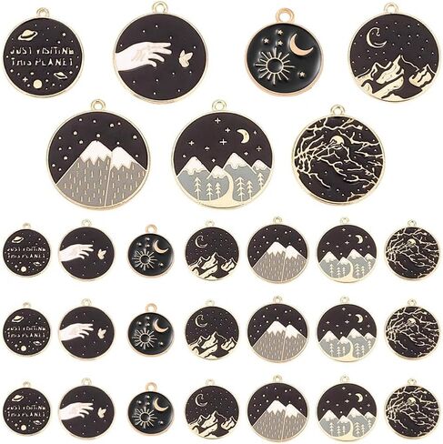 PH PandaHall 42Pcs 7 Styles Alloy Enamel Pendants Flat Round Black Charms Forest Mountain Hand Branch Charms for DIY Bracelets Earrings Jewelry Making in Saudi Arabia