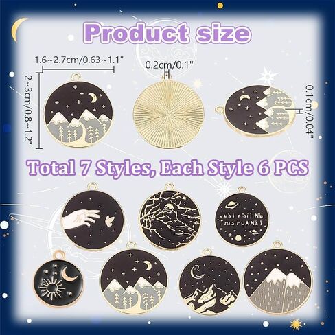PH PandaHall 42Pcs 7 Styles Alloy Enamel Pendants Flat Round Black Charms Forest Mountain Hand Branch Charms for DIY Bracelets Earrings Jewelry Making in Saudi Arabia