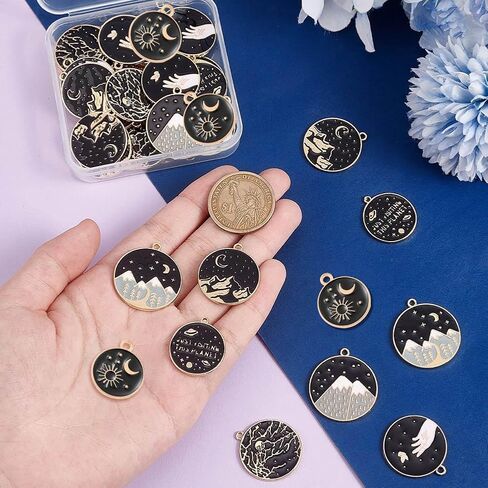 PH PandaHall 42Pcs 7 Styles Alloy Enamel Pendants Flat Round Black Charms Forest Mountain Hand Branch Charms for DIY Bracelets Earrings Jewelry Making in Saudi Arabia