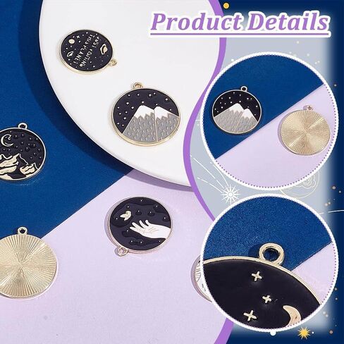 PH PandaHall 42Pcs 7 Styles Alloy Enamel Pendants Flat Round Black Charms Forest Mountain Hand Branch Charms for DIY Bracelets Earrings Jewelry Making in Saudi Arabia