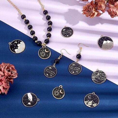 PH PandaHall 42Pcs 7 Styles Alloy Enamel Pendants Flat Round Black Charms Forest Mountain Hand Branch Charms for DIY Bracelets Earrings Jewelry Making in Saudi Arabia
