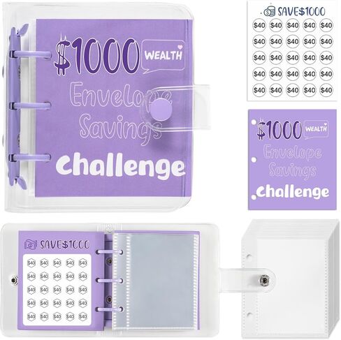 DRALLRY MINI MONION SACING BINDER ، 25 مظاريف نقدية توفير أموال تحدي 500 دولار 1000 دولار ، ملصقات دفتر المدخرات المحمولة لمخطط الميزانية هدية عيد ميلاد عيد الميلاد (الأرجواني ، 1000 دولار) in Kuwait