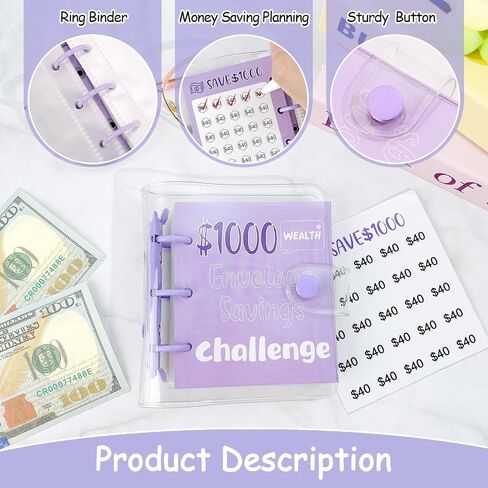 DRALLRY MINI MONION SACING BINDER ، 25 مظاريف نقدية توفير أموال تحدي 500 دولار 1000 دولار ، ملصقات دفتر المدخرات المحمولة لمخطط الميزانية هدية عيد ميلاد عيد الميلاد (الأرجواني ، 1000 دولار) in Kuwait