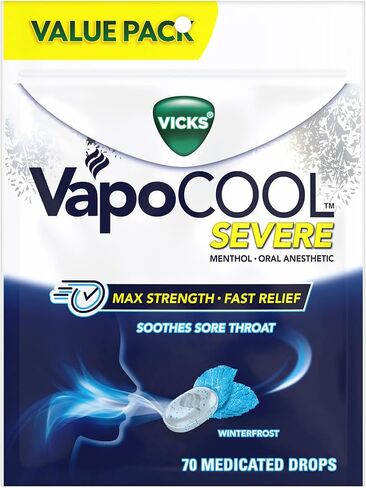 Vicks VapoCool Severe Medicated Sore Throat Drops, Max Strength Menthol, Soothes Sore Throat Pain, Winterfrost Flavor, 45ct in Kuwait
