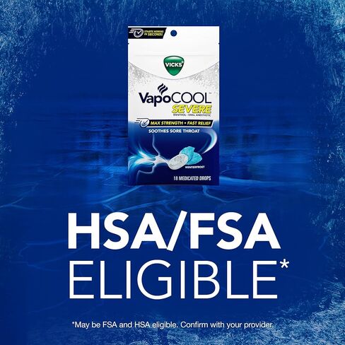 Vicks VapoCool Severe Medicated Sore Throat Drops, Max Strength Menthol, Soothes Sore Throat Pain, Winterfrost Flavor, 45ct in Kuwait
