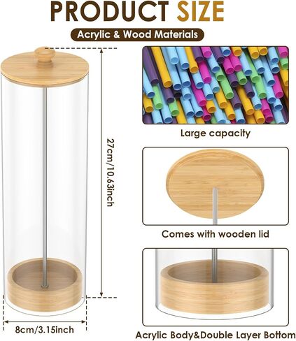 Acrylic Straw Holder Dispenser with Wood Lid, Transparent Countertop Straw Container, Organizer for Pencil Makeup Brush,Cabinet Storage, Holds Pencils, Cutlery(transparent color,1) in Saudi Arabia