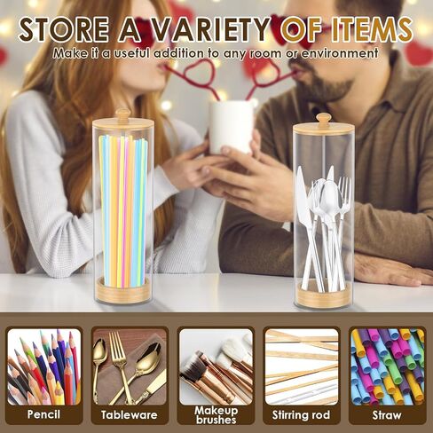 Acrylic Straw Holder Dispenser with Wood Lid, Transparent Countertop Straw Container, Organizer for Pencil Makeup Brush,Cabinet Storage, Holds Pencils, Cutlery(transparent color,1) in Saudi Arabia