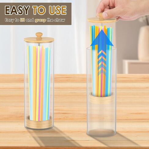 Acrylic Straw Holder Dispenser with Wood Lid, Transparent Countertop Straw Container, Organizer for Pencil Makeup Brush,Cabinet Storage, Holds Pencils, Cutlery(transparent color,1) in Saudi Arabia