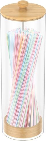 Acrylic Straw Holder Dispenser with Wood Lid, Transparent Countertop Straw Container, Organizer for Pencil Makeup Brush,Cabinet Storage, Holds Pencils, Cutlery(transparent color,1) in Saudi Arabia