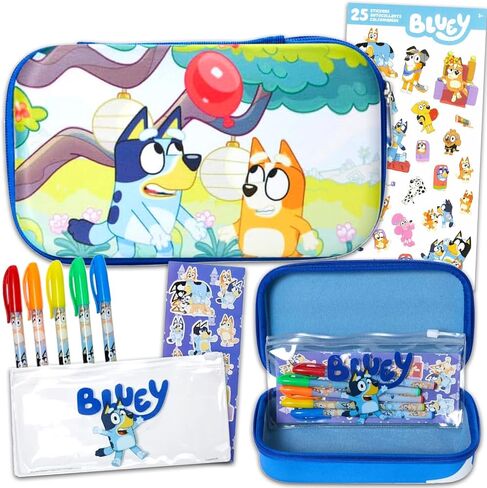 مجموعة Bluey Pencil Box - حزمة اللوازم المدرسية مع علبة قلم رصاص ذات طابع ، وأقلام هلام ، وملصقات ، وأكثر | مجموعة القرطاسية الأزرق للفتيات in Kuwait