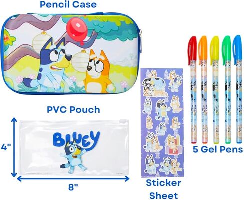 مجموعة Bluey Pencil Box - حزمة اللوازم المدرسية مع علبة قلم رصاص ذات طابع ، وأقلام هلام ، وملصقات ، وأكثر | مجموعة القرطاسية الأزرق للفتيات in Kuwait
