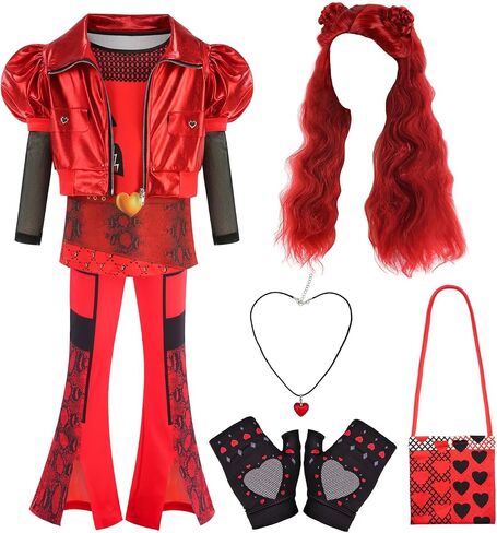 Kid Girl Red Cosplay Costume Flare Pants Top Jacket Princess Halloween Clothing with Wig Heart Necklace Gloves Bag in Kuwait