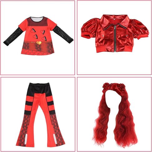 Kid Girl Red Cosplay Costume Flare Pants Top Jacket Princess Halloween Clothing with Wig Heart Necklace Gloves Bag in Kuwait