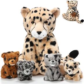 5 Pcs Cheetah Stuffed Animals Set 14'' Adorable Mommy Cheetah Plush with 4 Cute Baby Cubs in Her Tummy Soft Cuddly Cheetah Plushie for Boys Girls Birthday Gifts Christmas Forest Party Decors