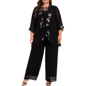 Women's Plus Size Wedding Pant Suits 3 Piece Chiffon Party Outfit for Mother of The Groom Bride Evening Gowns