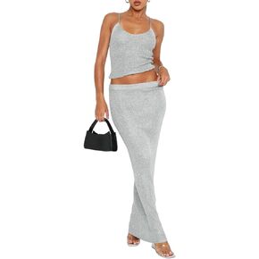 Women Sexy Glitter Knit 2 Piece Outfits Sequin Slim Fit Crop Cami Top Sparkle Maxi Bodycon Skirt Set Clubwear