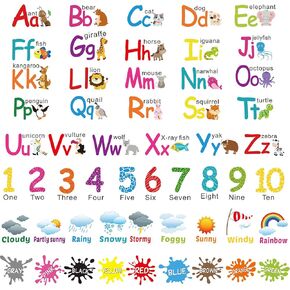 6 Sheets Alphabet Number Color Weather Learning Educational Wall Decals Peel and Stick Alphabet Wall Stickers Educational Classroom Stickers for Kids Playroom Bedroom Decorations