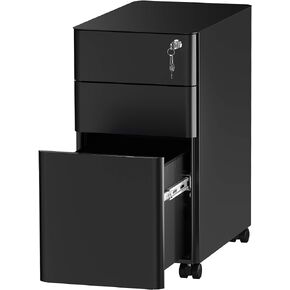 YITAHOME 3-Drawer Slim File Cabinet with Lock, Mobile Metal Office Storage Filing Cabinet, Legal/Letter Size, Pre-Assembled File Cabinet Except Wheels Under Desk - Black