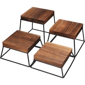 4 Pcs Retail Food Display Risers 2.5/3.5/4.75/6.75" Tall Wood and Black Metal Pizza Stand Square Stand Buffet Risers Bakery Serving Stand for Cake Cupcake Dessert Appetizers Holder Party Decor