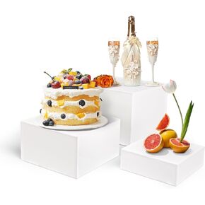 HPC DECOR Buffet Risers,Food Risers for Buffet Table,Risers Display Stands for Catering Dessert Collectibles Jewelry Figures Show, 3PCS Cube Display Nesting Risers with Hollow Bottoms (White 6"7"8")