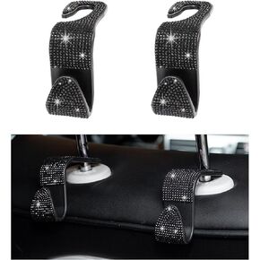 Augeny 2 PCS Bling Car Seat Headrest Hooks, Crystal Rhinestone Back Seat Hanging Storage Organizer, Auto Purse Bags Hanger, Universal Vehicle Interior Accessories for Women Girls (Black)